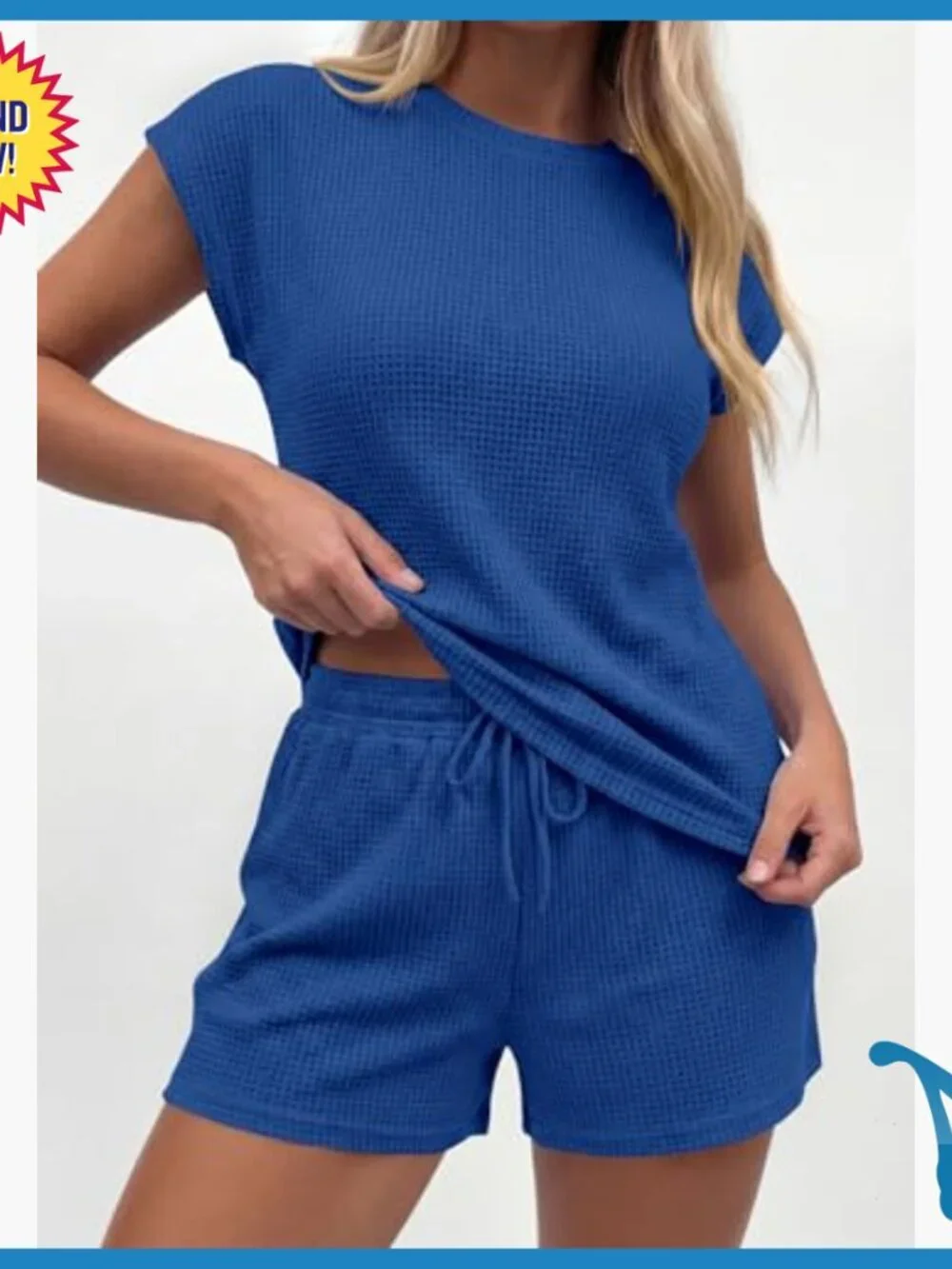 Waffle Knit Lounge Short Set Cap Sleeve Drawstring Pockets Medium